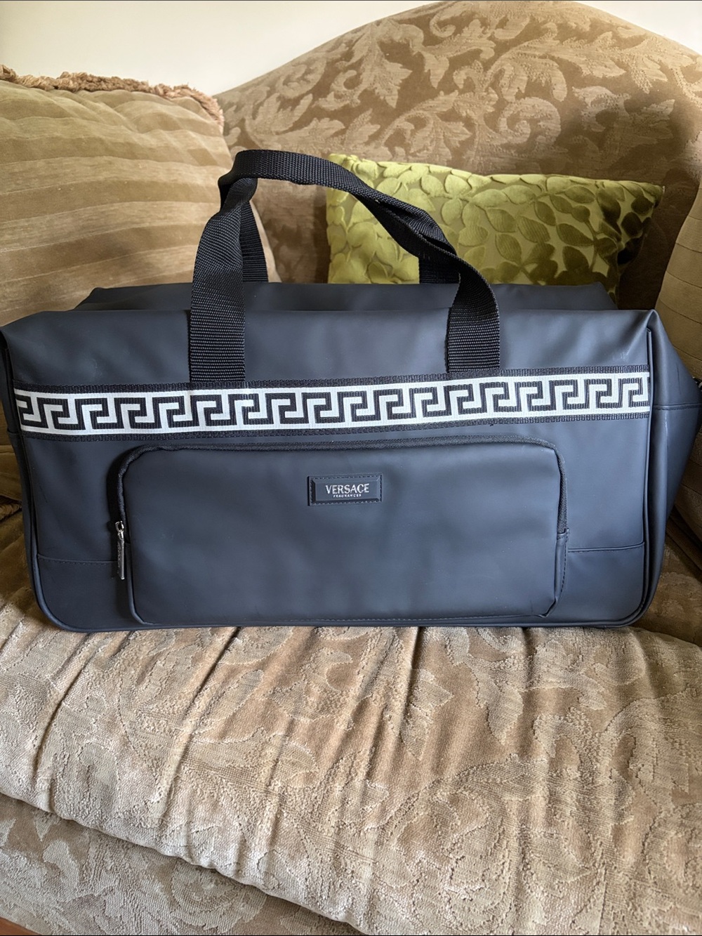 Versace Black Mens Duffel Bag with Signature Greca Band